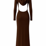 Vestido longo com capuz e costas abertas - Marrom