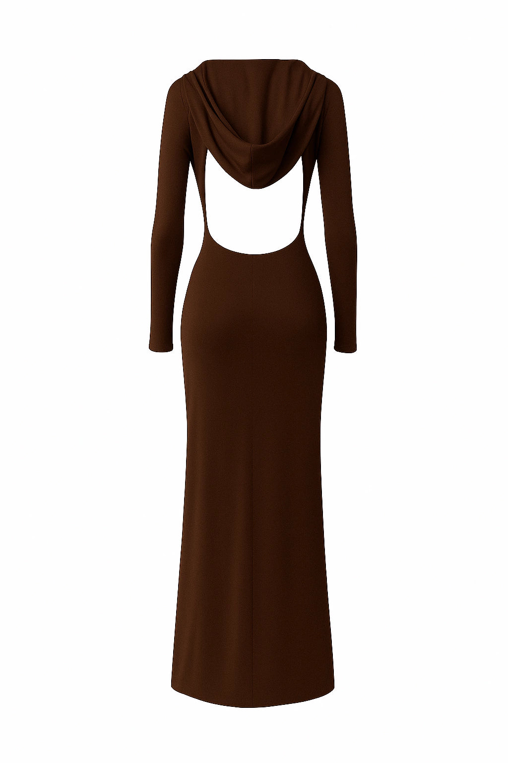 Vestido longo com capuz e costas abertas - Marrom