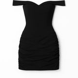 Vestido curto ombro a ombro com drapeado - Preto