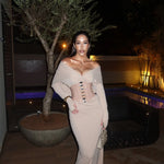Vestido longo com capuz e costas abertas - Nude Claro