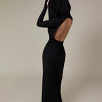 Vestido longo com capuz e costas abertas - Preto
