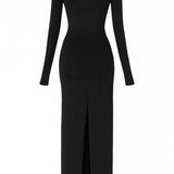 Vestido decote quadrado e fenda - Preto