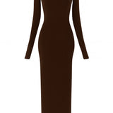 Vestido decote quadrado e fenda - Marrom