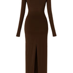 Vestido decote quadrado e fenda - Marrom