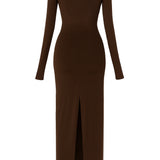 Vestido decote quadrado e fenda - Marrom