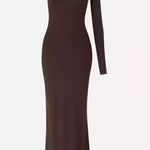 Vestido longo de um ombro só - Marrom