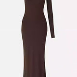Vestido longo de um ombro só - Marrom