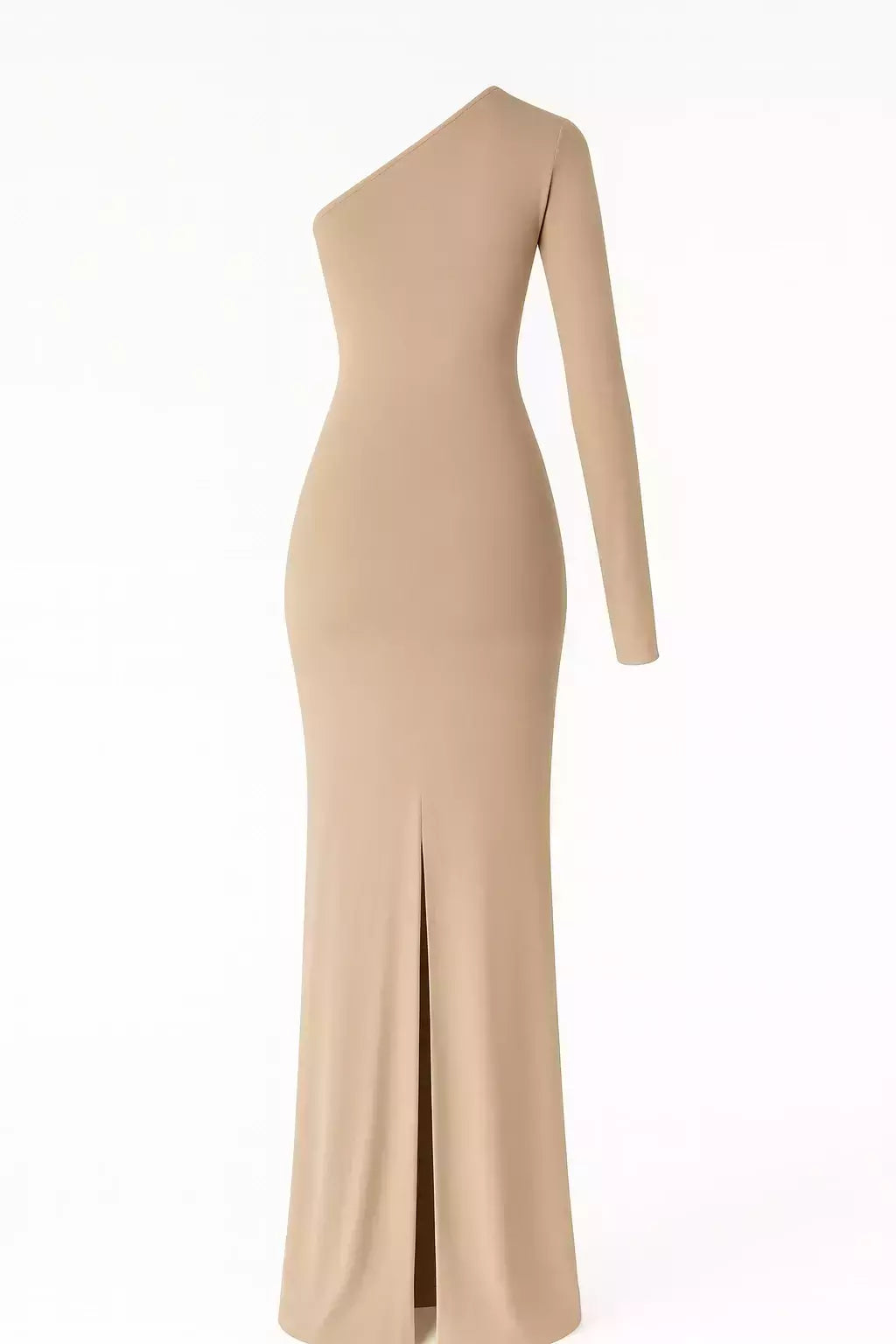 Vestido longo de um ombro só - Nude Escuro