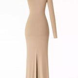 Vestido longo de um ombro só - Nude Escuro